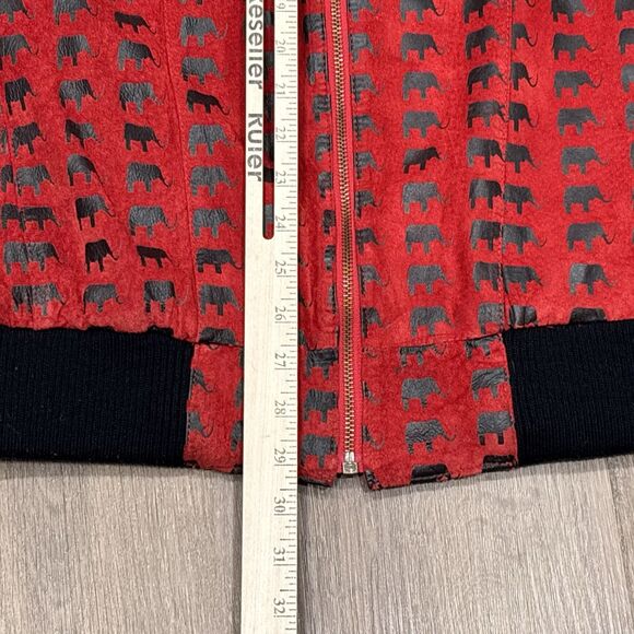 Vintage Suede Leather Jacket Womens Medium Red Elephant Print Oversized Bomber - Picture 6 of 16